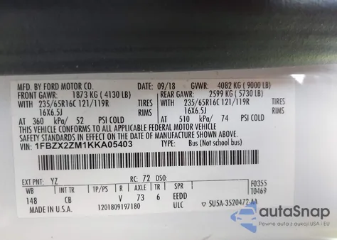 2019 Ford Transit-350 Xlt from USA, damaged, VIN 1FBZX2ZM1KKA05403